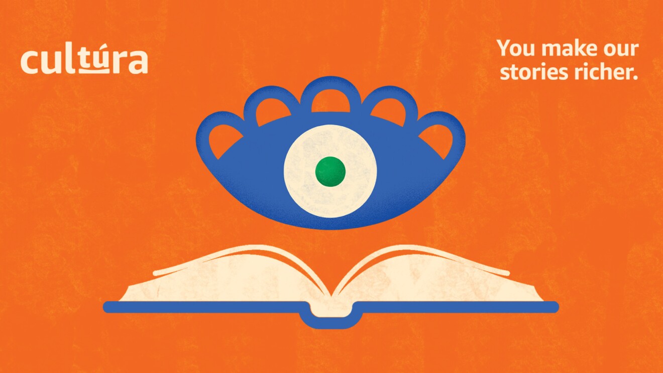 一只眼睛和一本橙色背景的书的插图,左边的文字写着“文化”,右边的文字写着“你让我们的故事更丰富”。