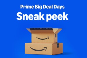 Blue background with text that reads Prime Big Deal Days Sneak peek and Amazon boxes