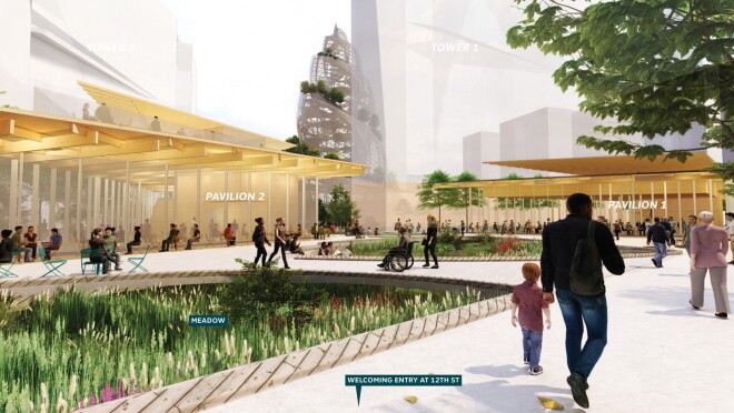 亚马逊新HQ2大楼的外部效果图。