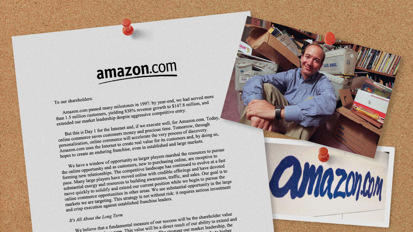 Amazon's 1997 shareholder letter pinned to a corkboard next to a photo of Jeff Bezos from the 90s sitting on the floor of an office, surrounded by boxes