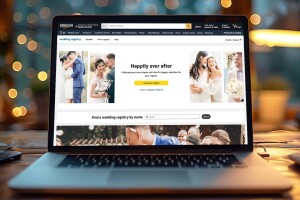 Laptop opened on Amazon.com on the Wedding Registry Page