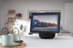 An Amazon Echo sits on top of a kitchen counter.