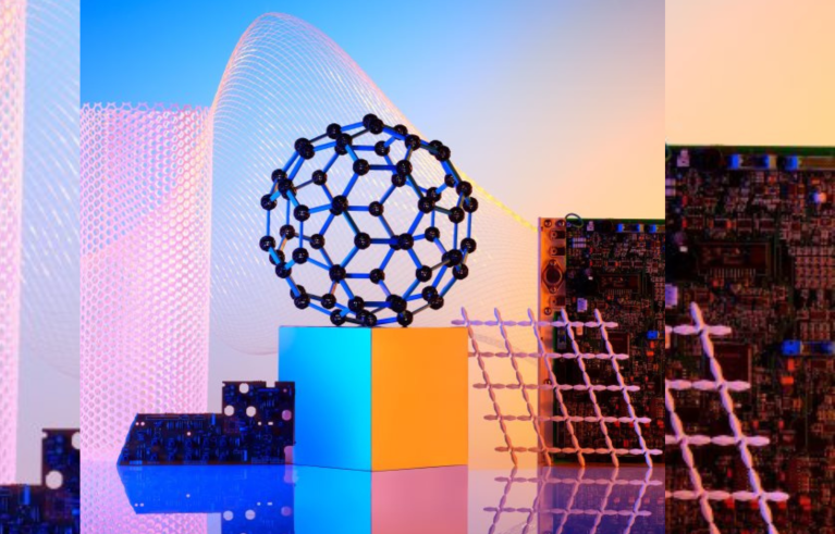 Abstraktes Bild mit blauen, pinken, orangen Formen