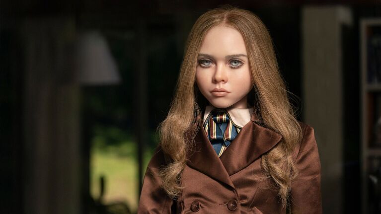 M3gan lifelike doll with long blonde hair wearing brown coat and striped tie