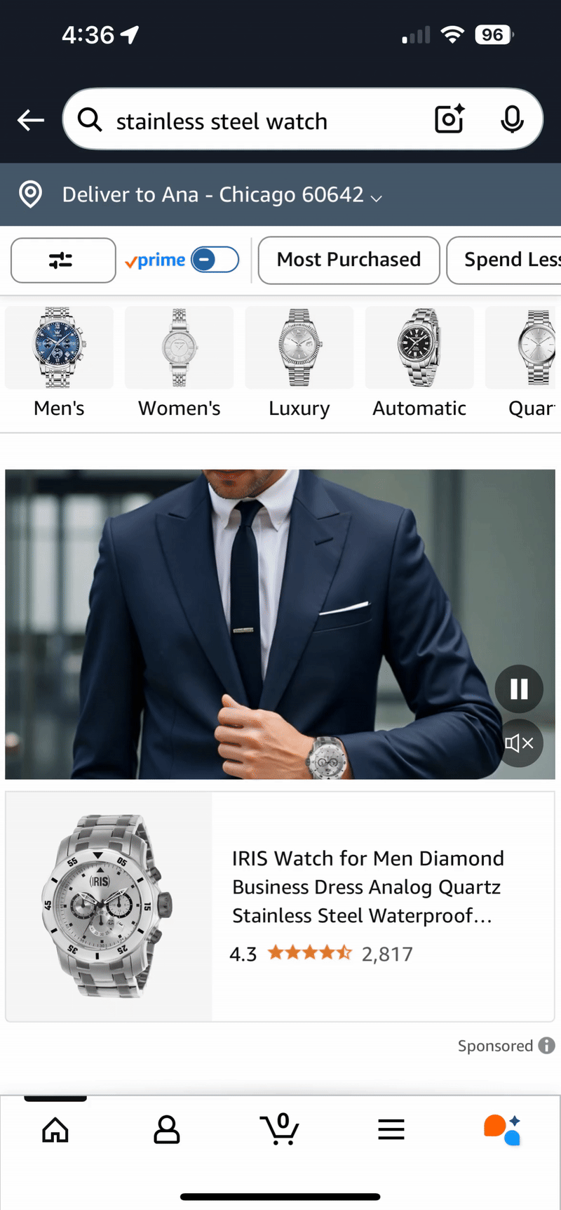 Amazon app showing stainless steel watch search results