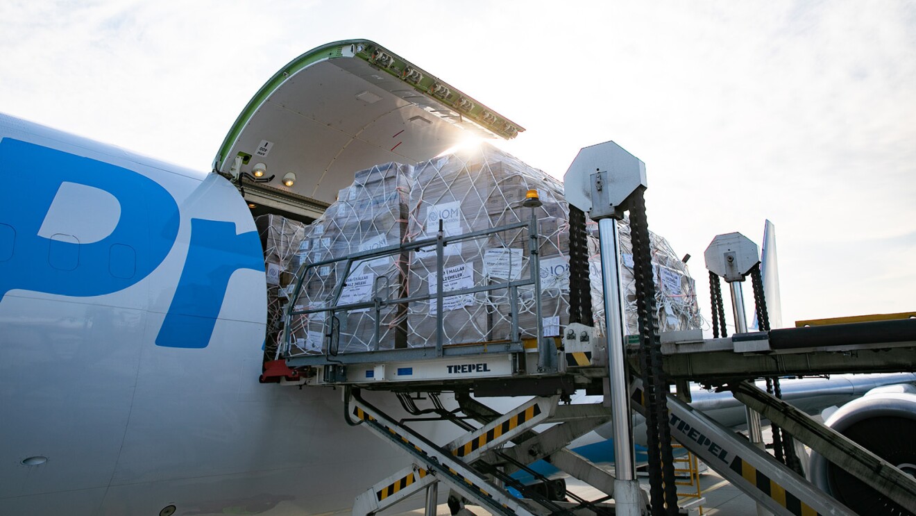 Prime Air plane getting loaded for disaster relief.