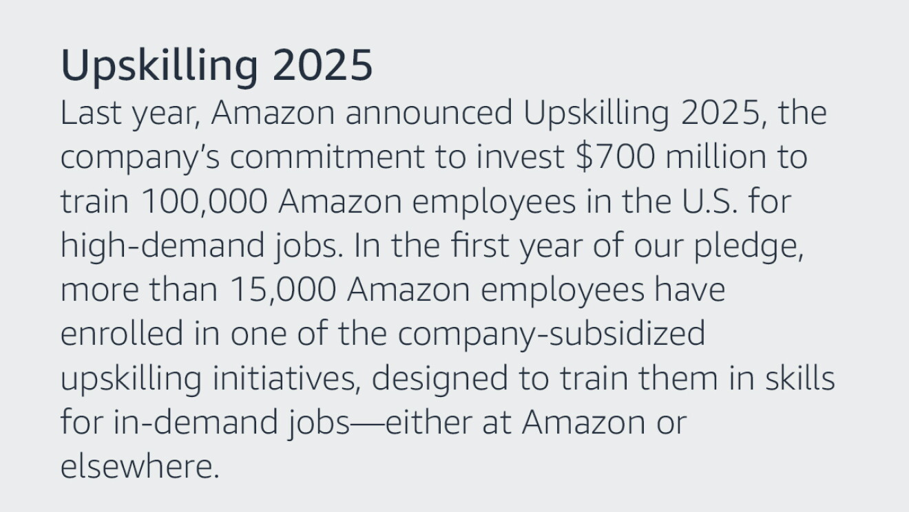 Text graphic that says: (Title - Upskilling) Last year, Amazon announced Upskilling 2025, the company’s commitment to invest $700 million to train 100,000 Amazon employees in the U.S. for high-demand jobs. In the first year of our pledge, more than 15,000 Amazon employees have enrolled in one of the company-subsidized upskilling initiatives, designed to train them in skills for in-demand jobs—either at Amazon or elsewhere.
