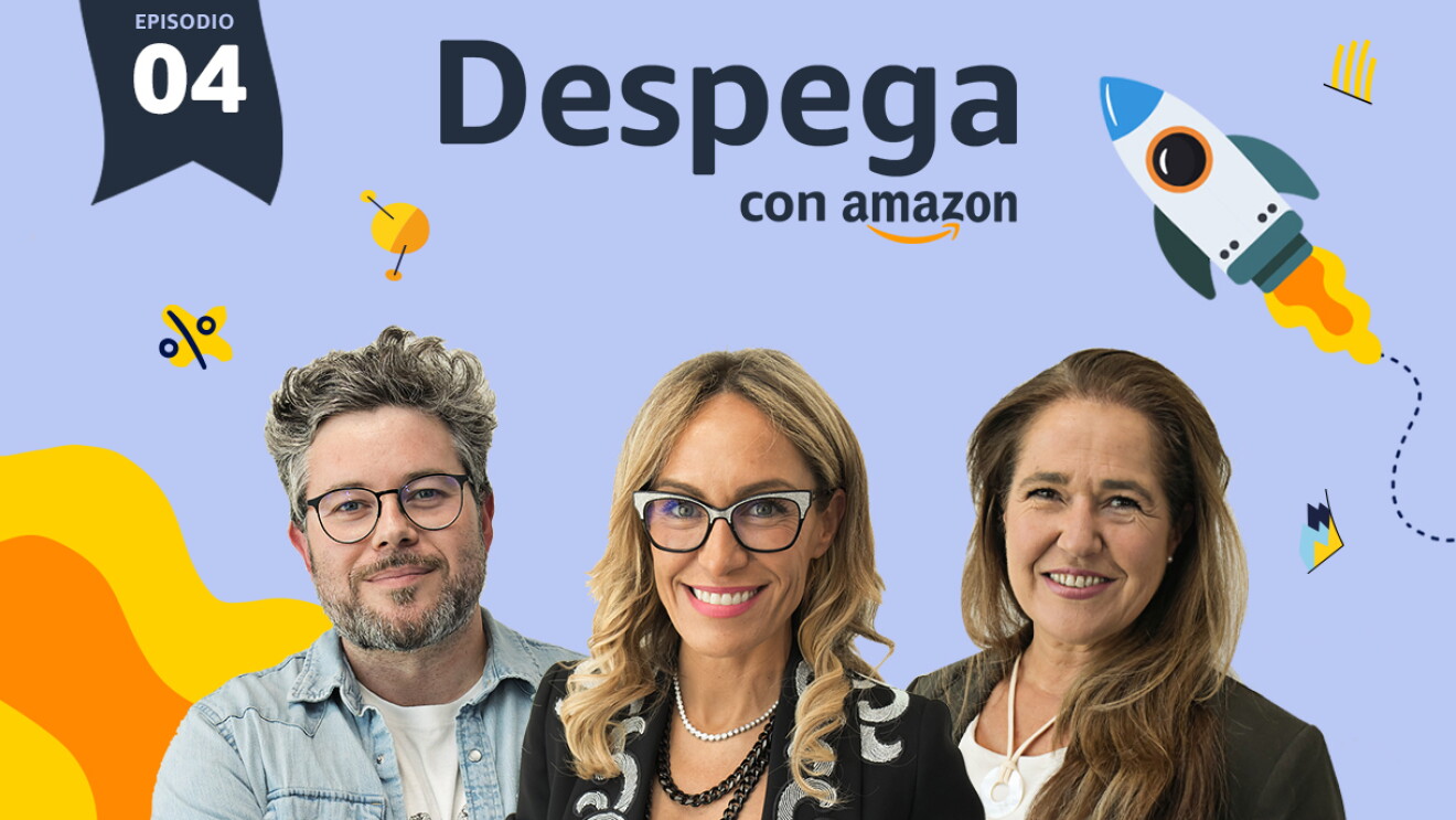 Poster del podcast Despega. En un fondo morado claro aparece una bandera con la letras y números Episodio 03. Después dibujos de un cohete que está despegando, satélites y unas olas de color amarillo y naranja. Además en letras azules Despega con Amazon con la sonrisa debajo de la palabras Amazon. De izquierda a derecha, César Pascual, fundador de Cerveza La Virgen con una camisa  tejana azul y debajo una camiseta blanca de algodón con un dibujo que no se puede descifrar. Lleva gafas y tiene el pelo canozo de punto y una barba con canas. En el medio la presentadora Luján Argüelles con una gafas de color negro y blanco, dos collares de perlas, uno de perlas blancas y el orto de perlas negras. Una americana de color negro con una sanefa de color plateado y un jersei de punto blanco debajo.   A la derecha, María Gómez del Pozuelo, fundadora de Womenalia, con el pelo largo más allá del hombri y de color castaño. Una americana negra y debajo una camiseta blanca de algodón. Con un collar blanco. 