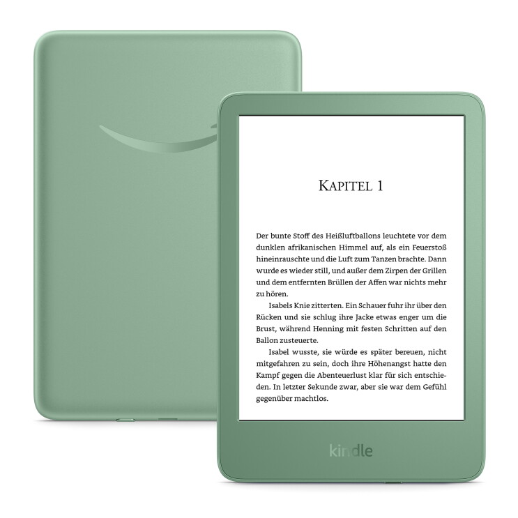Kindle in Matcha-Farbe auf dem Bett. 