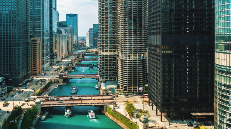 The Chicago river running through downtown Chicago.