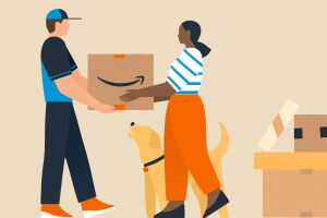 A graphic of a an Amazon delivery driver handing a package to a customer with her dog standing next to her.