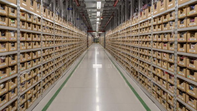 Interior of an Amazon fulfillment center in Singapore. Product is stored in containers on either side of an aisle. 