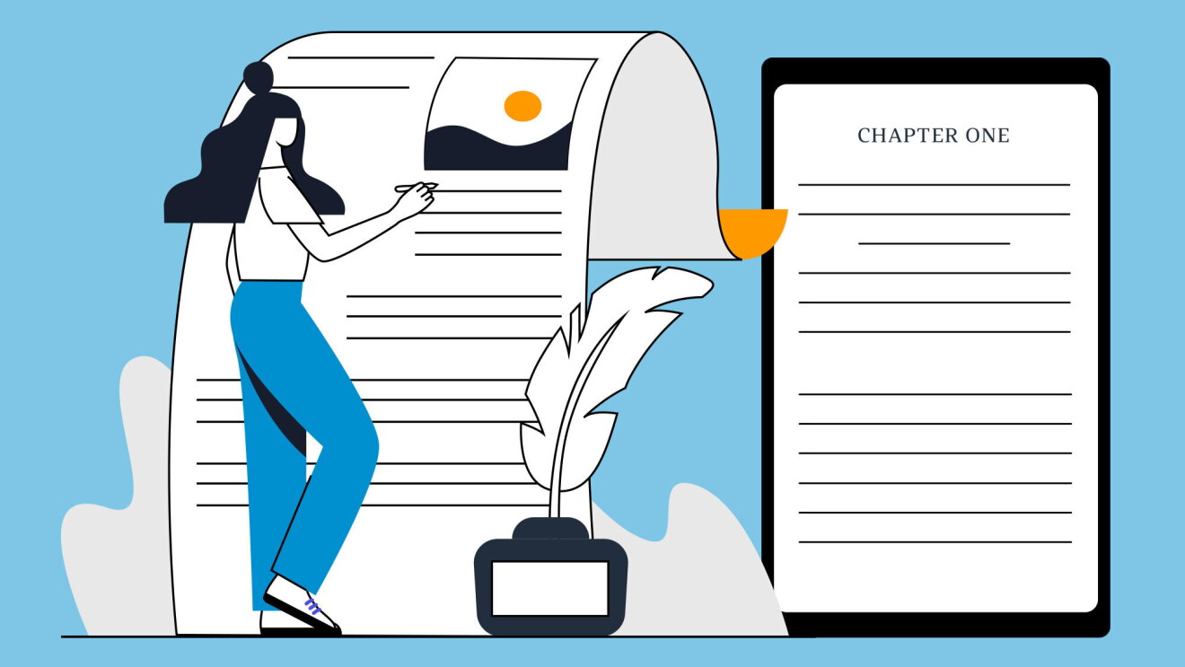 Illustration of person writing near a giant Amazon Kindle.