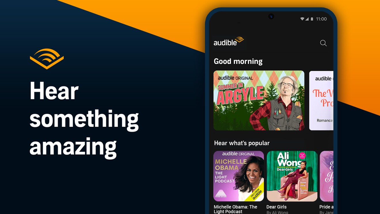 Audible app interface showcasing popular audiobooks and podcasts