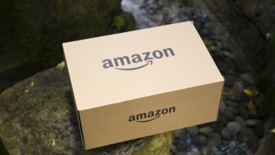 An Amazon Package sits on a rock in the Seattle Spheres.