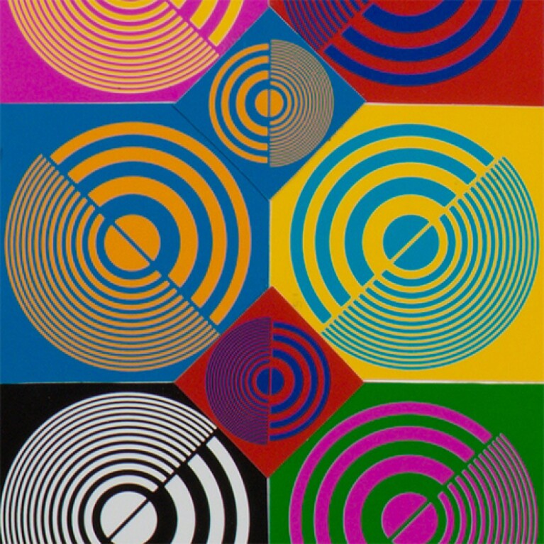 Squares of different colors are overlayed with concentric half circles in contrasting colors.