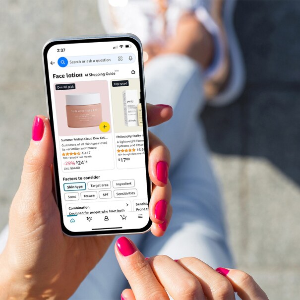 A smart phone with a screenshot of the Amazon shopping app.