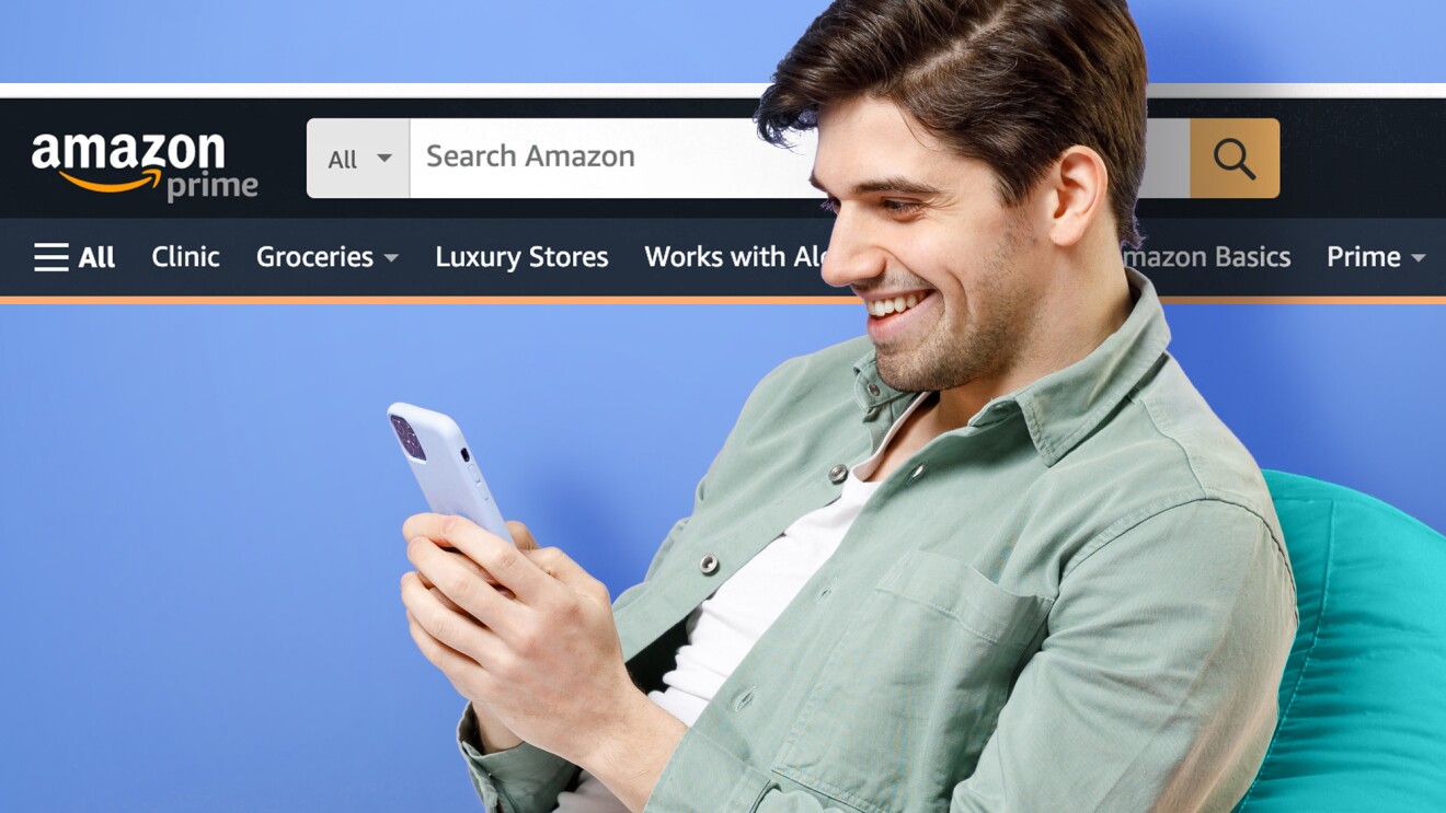 A photo of a person looking at their mobile device. there is an Amazon Store search bar displayed behind them.