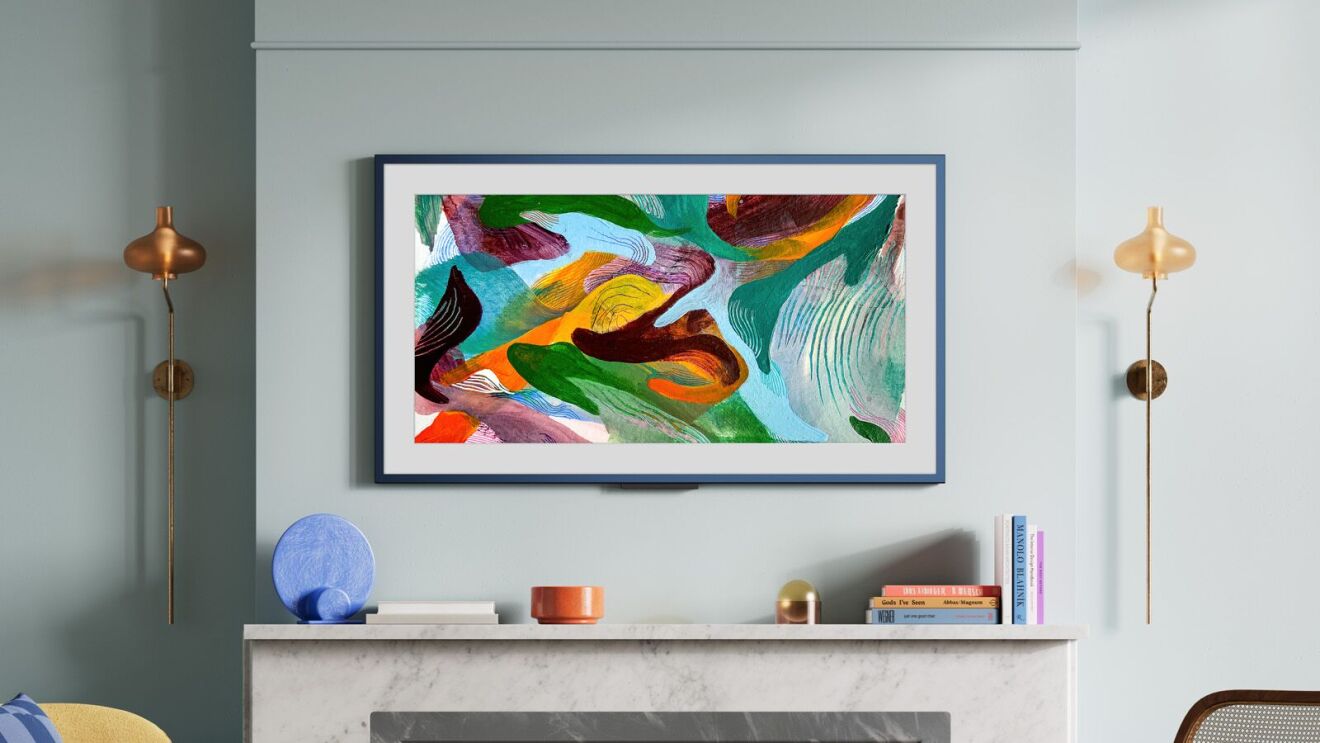 Vibrant abstract painting displayed on Fire TV above fireplace