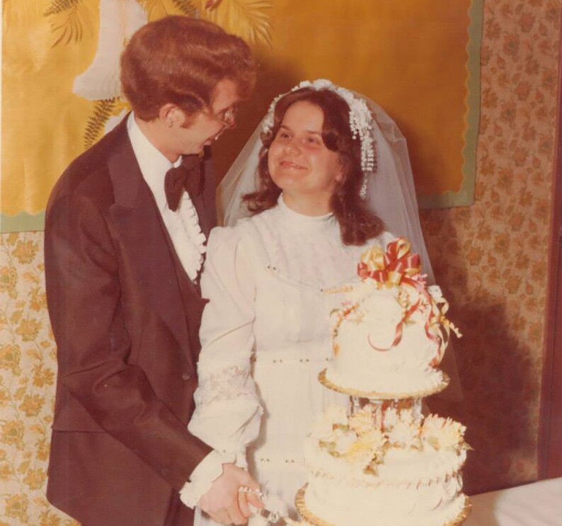 Vintage photograph of a young man and woman at their wedding, more than 30 years ago