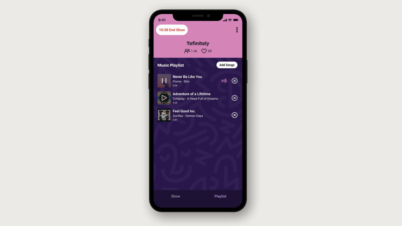 A screenshot image on a phone showing the process of adding songs to your show in Amp.