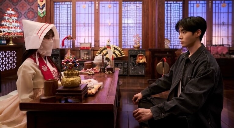 K-drama's on Prime Video: Bride in white veil traditional Korean wedding attire and man in black outfit