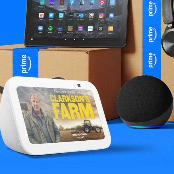 Assortment of Amazon products including Echo, tablet, and headphones