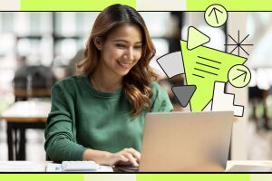 Professional using computer in office, surrounded by abstract graphics