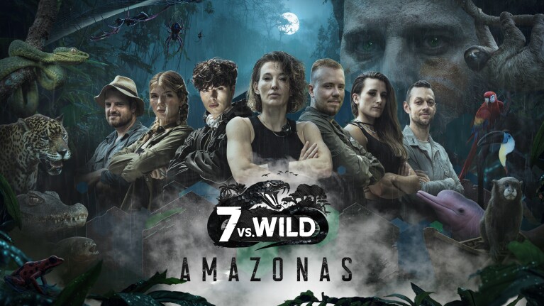Werbeplakat für „7 vs. Wild: Amazonas“ mit Teilnehmern und Wildtieren
