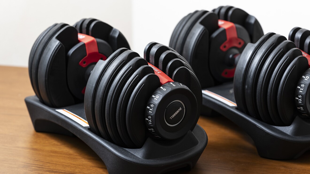 黒いダンベル。輪のような形状のもので重さを可変できるような形状をしている