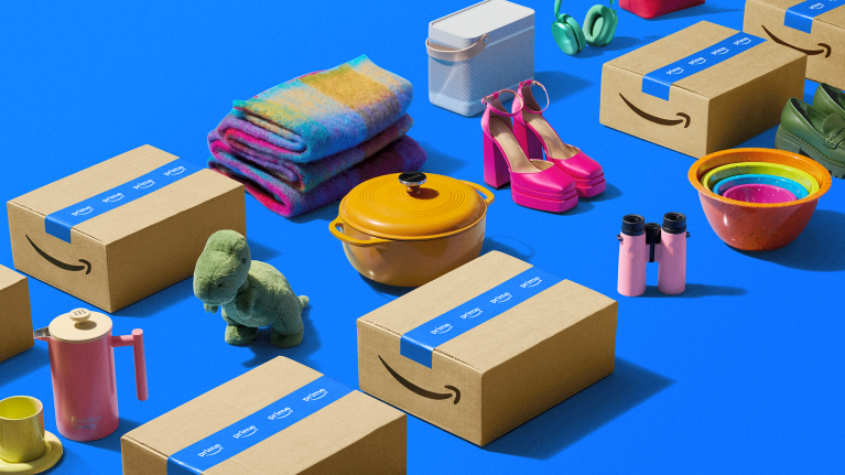 Amazon boxes on a blue background with gifts