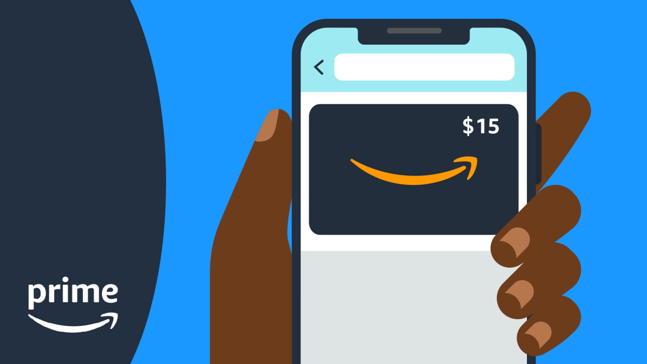 illustration of a hand holding up a phone with a $15 amazon gift card to represent amazon credits you can earn before prime big deal days 