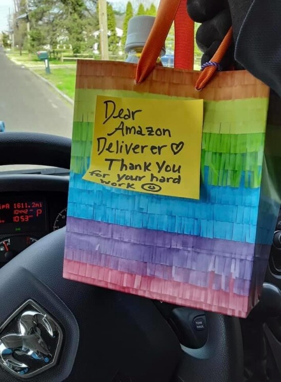 A customer note of thanks to Amazon delivery drivers