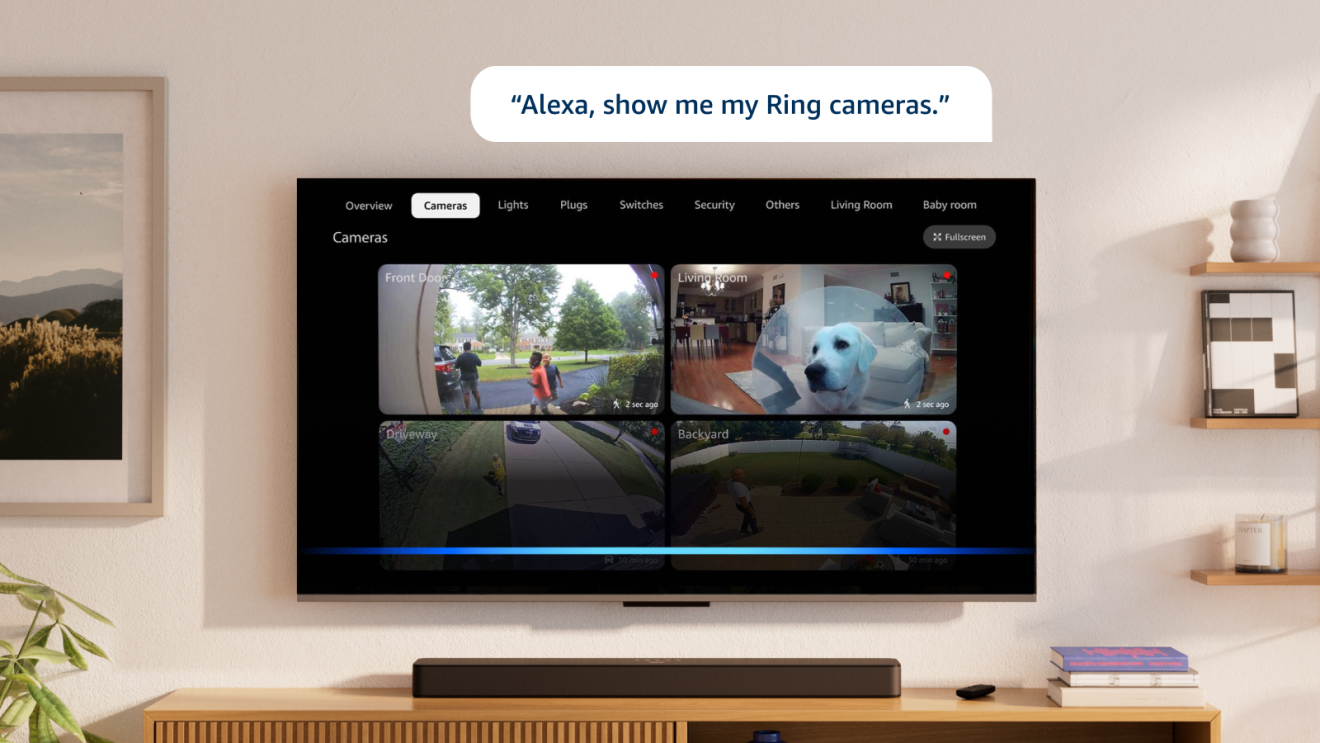 Smart home TV screen showing Ring doorbell and security camera views with speech bubble reading Alexa show me my Ring cameras