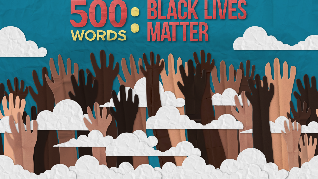 An image of different coloured hands being raised under the 500 Words logo. 