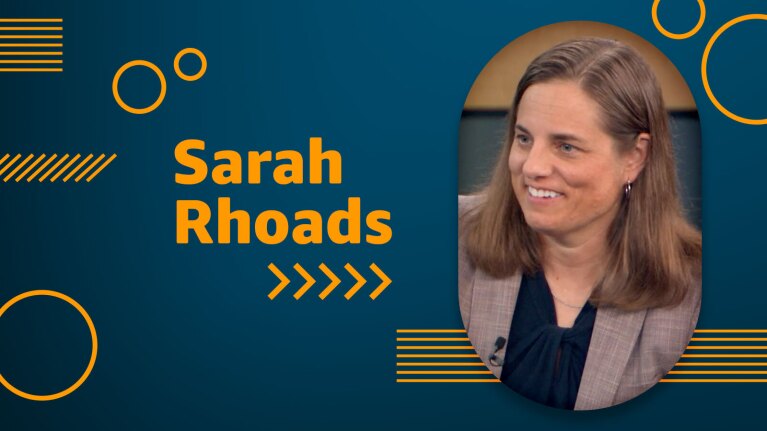 An image of Sarah Rhoads Amazon's vice president of global workplace health and safety. There is text next to her image that says "Sarah Rhoads."