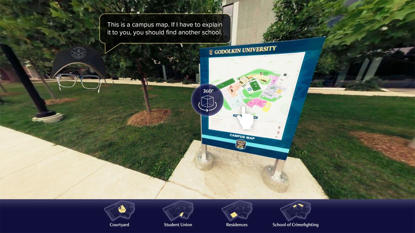 An image of the virtual campus tour of Godolkin University from The Boys spinoff Gen V.