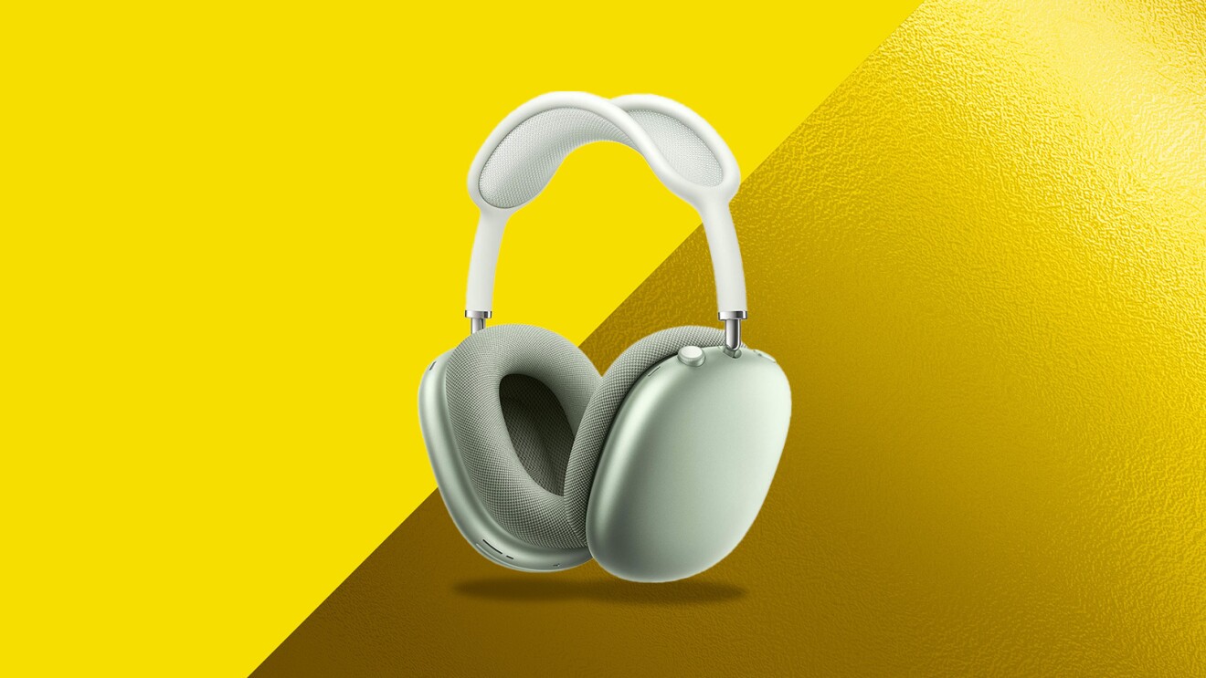 Green Apple Airpods Max wireless headphones on yellow background