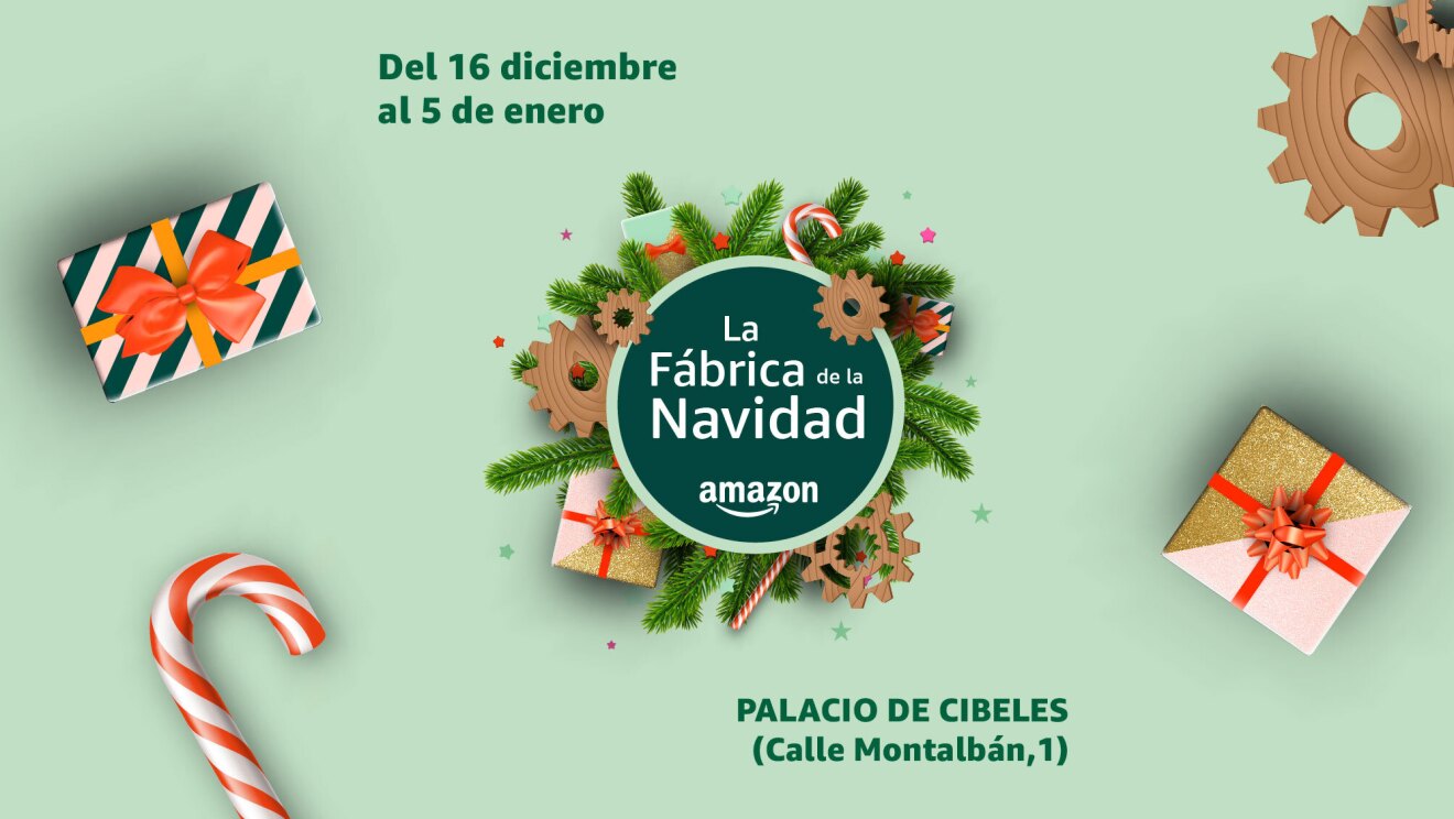 Banner de La Fábrica de Navidad de Amazon en el palacio de Cibeles Madrid.