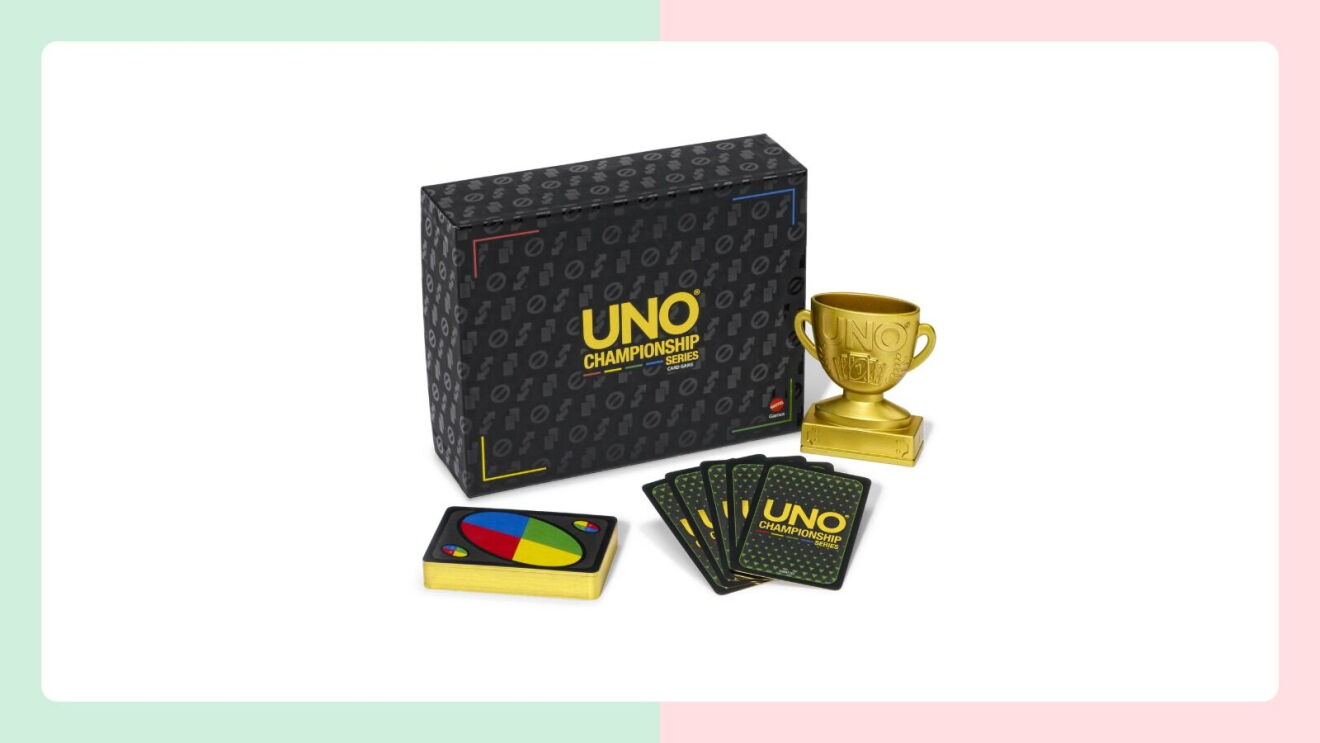 UNO Championship Series card game box with gold trophy and cards