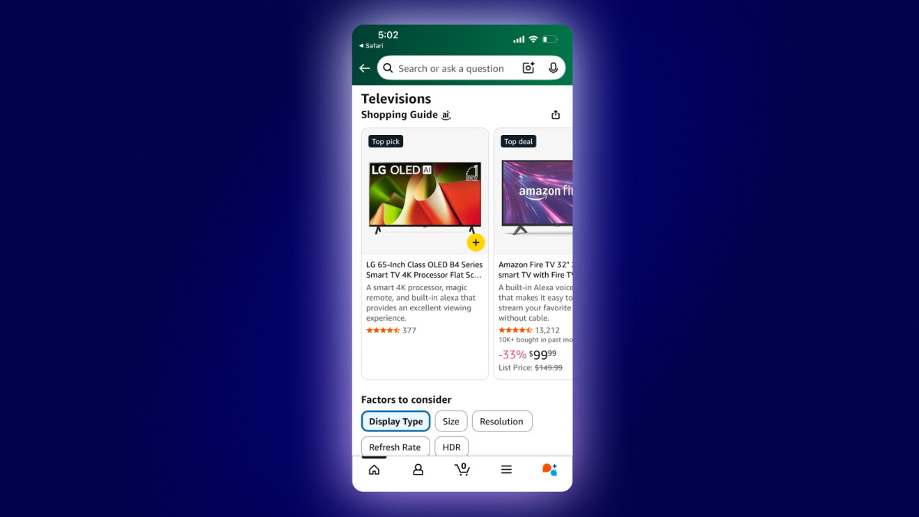 Amazon AI-powered shopping guide interface on mobile device
