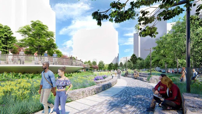 位于弗吉尼亚州阿灵顿的亚马逊第二总部大都会公园的效果图。