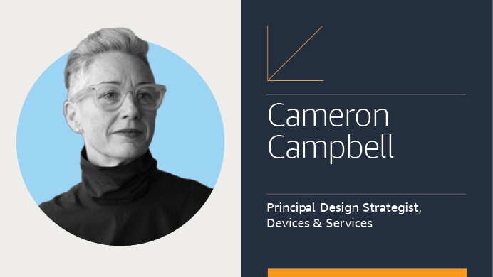Amazon devices employee bio card of Cameron Campbell.