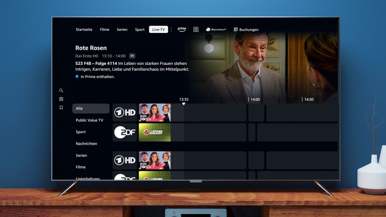 Ein Fernseher mit der Abbildung von der Prime Video Live TV-Funktion.