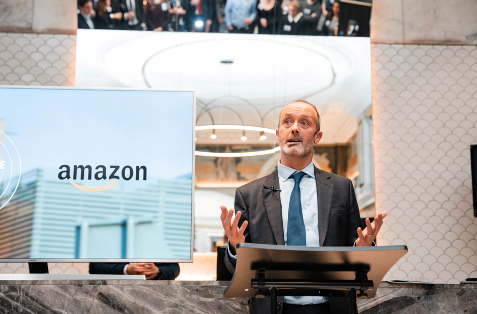 John Boumphrey, UK Country Manager, Amazon, gives a speech