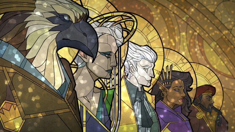 Four fantasy characters in stained glass art style with golden circular halos and decorative patterns: Legend of Vox Machina
