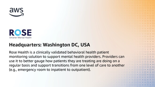 玫瑰健康信息,状态,“玫瑰健康临床验证行为健康病人监控解决方案支持心理健康提供者。提供者可以使用它来更好地衡量如何治疗患者定期进行护理和支持从一个抽象级别转换到另一个(例如,急诊住院门诊)。”