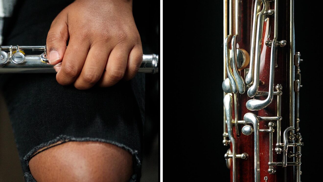 Side-by-side images of close-ups of musical instruments. On the left, a flautist holds her instrument. On the right, a bassoon.