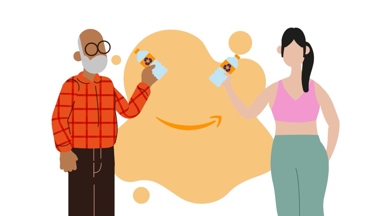 An animated picture of an aged man on the left and young lady in exercise gear on the right, with an Amazon smile in the center