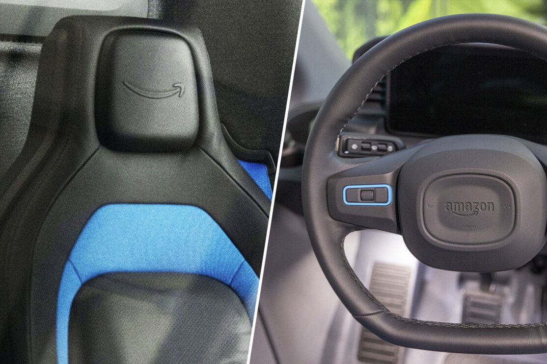 A split photo that includes a photo of a an Amazon delivery van driver's seat on the left, and an Amazon delivery van steering wheel on the right. 